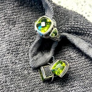 Peridot cable cushion cut ring and earrings